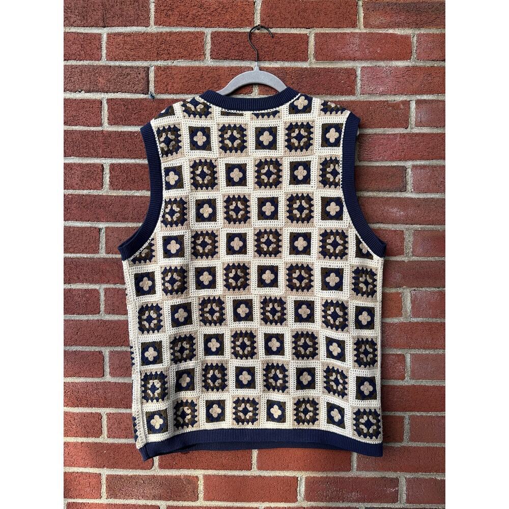 WESC Crochet Sweater Vest Size S Navy Cream Granny Square Knit Boho Unisex - Picture 9 of 11